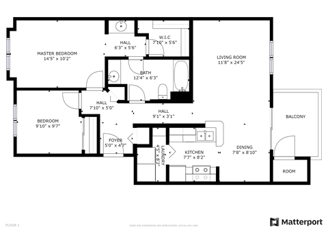 Floor plan for 2 beds, 1 bath, 921 sqft